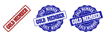 GOLD MEMBER grunge stamp seals in red and blue colors. Vector GOLD MEMBER marks with grunge texture. Graphic elements are rounded rectangles, rosettes, circles and text titles.のイラスト素材