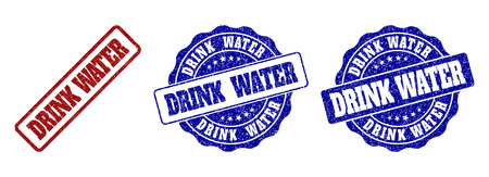 DRINK WATER grunge stamp seals in red and blue colors. Vector DRINK WATER imprints with scratced texture. Graphic elements are rounded rectangles, rosettes, circles and text titles.のイラスト素材
