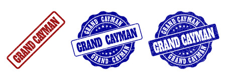 GRAND CAYMAN grunge stamp seals in red and blue colors. Vector GRAND CAYMAN signs with grunge surface. Graphic elements are rounded rectangles, rosettes, circles and text captions.のイラスト素材