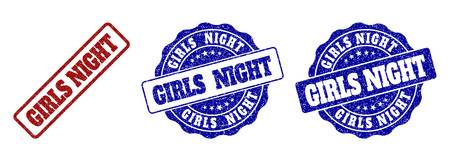 GIRLS NIGHT grunge stamp seals in red and blue colors. Vector GIRLS NIGHT marks with draft style. Graphic elements are rounded rectangles, rosettes, circles and text captions.のイラスト素材