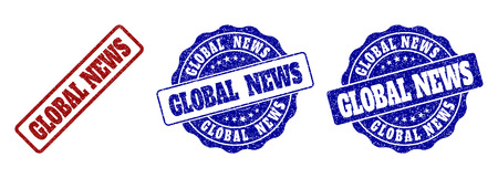 GLOBAL NEWS grunge stamp seals in red and blue colors. Vector GLOBAL NEWS watermarks with grunge effect. Graphic elements are rounded rectangles, rosettes, circles and text labels.のイラスト素材