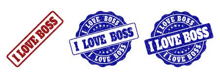 I LOVE BOSS scratched stamp seals in red and blue colors. Vector I LOVE BOSS imprints with distress texture. Graphic elements are rounded rectangles, rosettes, circles and text tags.のイラスト素材