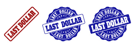 LAST DOLLAR grunge stamp seals in red and blue colors. Vector LAST DOLLAR labels with grunge surface. Graphic elements are rounded rectangles, rosettes, circles and text titles.のイラスト素材