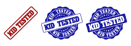 KID TESTED grunge stamp seals in red and blue colors. Vector KID TESTED labels with grunge texture. Graphic elements are rounded rectangles, rosettes, circles and text labels.のイラスト素材