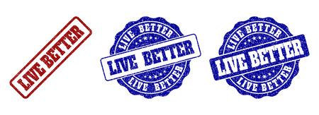 LIVE BETTER grunge stamp seals in red and blue colors. Vector LIVE BETTER marks with grunge surface. Graphic elements are rounded rectangles, rosettes, circles and text captions.のイラスト素材