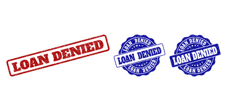 LOAN DENIED grunge stamp seals in red and blue colors. Vector LOAN DENIED watermarks with grunge texture. Graphic elements are rounded rectangles, rosettes, circles and text tags.のイラスト素材