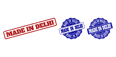 MADE IN DELHI grunge stamp seals in red and blue colors. Vector MADE IN DELHI overlays with grunge surface. Graphic elements are rounded rectangles, rosettes, circles and text captions.のイラスト素材