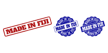 MADE IN FIJI grunge stamp seals in red and blue colors. Vector MADE IN FIJI imprints with grunge style. Graphic elements are rounded rectangles, rosettes, circles and text labels.のイラスト素材