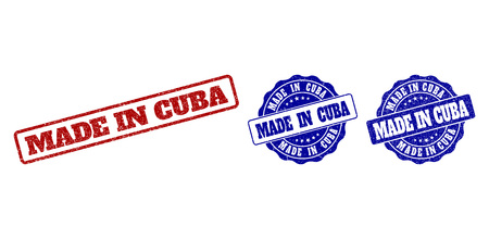 MADE IN CUBA grunge stamp seals in red and blue colors. Vector MADE IN CUBA labels with grainy texture. Graphic elements are rounded rectangles, rosettes, circles and text labels.のイラスト素材