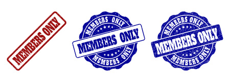 MEMBERS ONLY grunge stamp seals in red and blue colors. Vector MEMBERS ONLY labels with grunge texture. Graphic elements are rounded rectangles, rosettes, circles and text tags.のイラスト素材