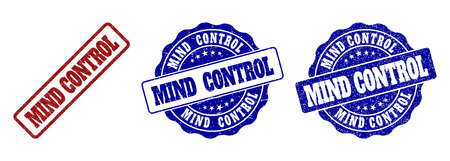 MIND CONTROL scratched stamp seals in red and blue colors. Vector MIND CONTROL signs with dirty style. Graphic elements are rounded rectangles, rosettes, circles and text labels.のイラスト素材