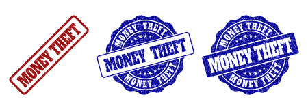 MONEY THEFT grunge stamp seals in red and blue colors. Vector MONEY THEFT labels with grunge surface. Graphic elements are rounded rectangles, rosettes, circles and text labels.のイラスト素材