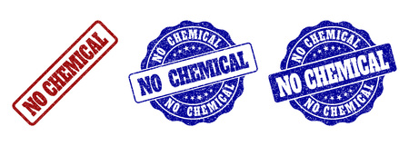 NO CHEMICAL grunge stamp seals in red and blue colors. Vector NO CHEMICAL labels with draft texture. Graphic elements are rounded rectangles, rosettes, circles and text labels.のイラスト素材