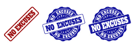 NO EXCUSES grunge stamp seals in red and blue colors. Vector NO EXCUSES labels with draft style. Graphic elements are rounded rectangles, rosettes, circles and text titles.のイラスト素材