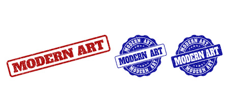 MODERN ART grunge stamp seals in red and blue colors. Vector MODERN ART marks with grunge surface. Graphic elements are rounded rectangles, rosettes, circles and text titles.のイラスト素材
