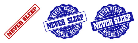 NEVER SLEEP grunge stamp seals in red and blue colors. Vector NEVER SLEEP imprints with grunge texture. Graphic elements are rounded rectangles, rosettes, circles and text labels.のイラスト素材