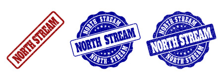 NORTH STREAM grunge stamp seals in red and blue colors. Vector NORTH STREAM labels with grunge effect. Graphic elements are rounded rectangles, rosettes, circles and text titles.のイラスト素材