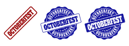 OCTOBERFEST grunge stamp seals in red and blue colors. Vector OCTOBERFEST labels with scratced effect. Graphic elements are rounded rectangles, rosettes, circles and text labels.のイラスト素材