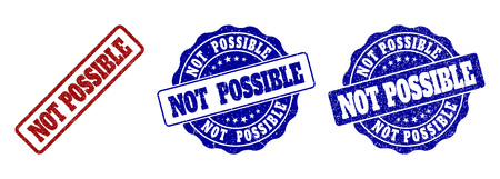 NOT POSSIBLE grunge stamp seals in red and blue colors. Vector NOT POSSIBLE imprints with grunge style. Graphic elements are rounded rectangles, rosettes, circles and text titles.のイラスト素材