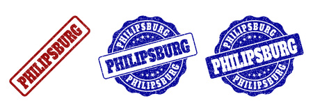 PHILIPSBURG grunge stamp seals in red and blue colors. Vector PHILIPSBURG labels with scratced texture. Graphic elements are rounded rectangles, rosettes, circles and text labels.のイラスト素材