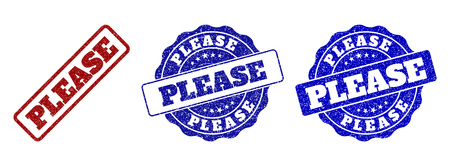PLEASE grunge stamp seals in red and blue colors. Vector PLEASE signs with grunge effect. Graphic elements are rounded rectangles, rosettes, circles and text titles.のイラスト素材