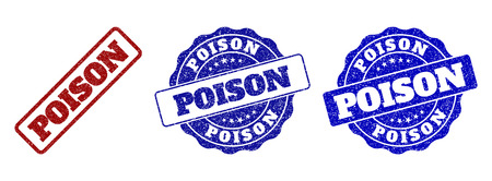 POISON grunge stamp seals in red and blue colors. Vector POISON labels with dirty style. Graphic elements are rounded rectangles, rosettes, circles and text labels.のイラスト素材