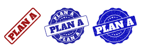 PLAN A grunge stamp seals in red and blue colors. Vector PLAN A imprints with grunge texture. Graphic elements are rounded rectangles, rosettes, circles and text tags.のイラスト素材