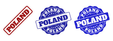 POLAND scratched stamp seals in red and blue colors. Vector POLAND labels with grunge effect. Graphic elements are rounded rectangles, rosettes, circles and text captions.のイラスト素材