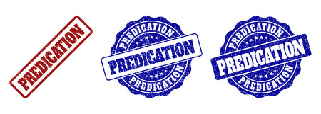 PREDICATION grunge stamp seals in red and blue colors. Vector PREDICATION overlays with dirty surface. Graphic elements are rounded rectangles, rosettes, circles and text tags.のイラスト素材