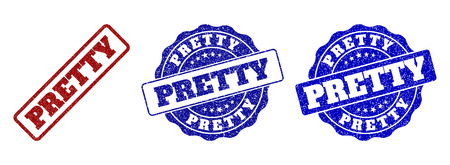 PRETTY grunge stamp seals in red and blue colors. Vector PRETTY signs with draft effect. Graphic elements are rounded rectangles, rosettes, circles and text captions.のイラスト素材