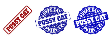 PUSSY CAT grunge stamp seals in red and blue colors. Vector PUSSY CAT marks with grunge style. Graphic elements are rounded rectangles, rosettes, circles and text titles.のイラスト素材