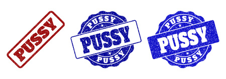 PUSSY grunge stamp seals in red and blue colors. Vector PUSSY labels with grunge surface. Graphic elements are rounded rectangles, rosettes, circles and text titles.のイラスト素材