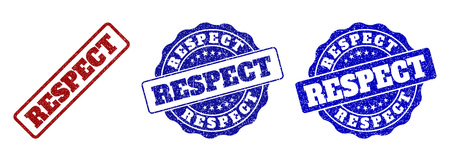 RESPECT scratched stamp seals in red and blue colors. Vector RESPECT imprints with scratced texture. Graphic elements are rounded rectangles, rosettes, circles and text titles.のイラスト素材