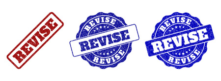 REVISE grunge stamp seals in red and blue colors. Vector REVISE labels with grunge texture. Graphic elements are rounded rectangles, rosettes, circles and text labels.のイラスト素材