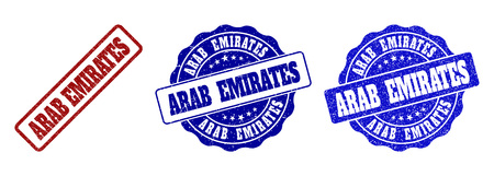 ARAB EMIRATES grunge stamp seals in red and blue colors. Vector ARAB EMIRATES marks with grunge style. Graphic elements are rounded rectangles, rosettes, circles and text labels.のイラスト素材