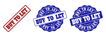 BUY TO LET scratched stamp seals in red and blue colors. Vector BUY TO LET labels with scratced surface. Graphic elements are rounded rectangles, rosettes, circles and text labels.のイラスト素材