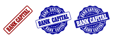BANK CAPITAL grunge stamp seals in red and blue colors. Vector BANK CAPITAL marks with grunge surface. Graphic elements are rounded rectangles, rosettes, circles and text labels.のイラスト素材