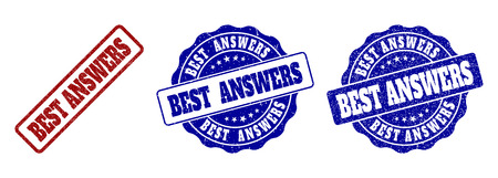 BEST ANSWERS grunge stamp seals in red and blue colors. Vector BEST ANSWERS marks with grunge effect. Graphic elements are rounded rectangles, rosettes, circles and text labels.のイラスト素材