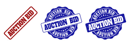 AUCTION BID grunge stamp seals in red and blue colors. Vector AUCTION BID imprints with distress effect. Graphic elements are rounded rectangles, rosettes, circles and text titles.のイラスト素材