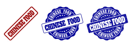 CHINESE FOOD grunge stamp seals in red and blue colors. Vector CHINESE FOOD signs with draft texture. Graphic elements are rounded rectangles, rosettes, circles and text titles.のイラスト素材
