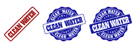 CLEAN WATER scratched stamp seals in red and blue colors. Vector CLEAN WATER labels with scratced effect. Graphic elements are rounded rectangles, rosettes, circles and text labels.のイラスト素材