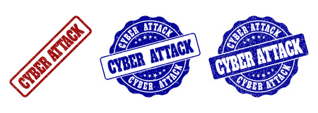 CYBER ATTACK grunge stamp seals in red and blue colors. Vector CYBER ATTACK marks with grunge texture. Graphic elements are rounded rectangles, rosettes, circles and text captions.のイラスト素材