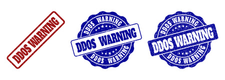 DDOS WARNING scratched stamp seals in red and blue colors. Vector DDOS WARNING imprints with draft texture. Graphic elements are rounded rectangles, rosettes, circles and text labels.のイラスト素材