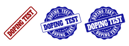 DOPING TEST grunge stamp seals in red and blue colors. Vector DOPING TEST marks with grunge texture. Graphic elements are rounded rectangles, rosettes, circles and text captions.のイラスト素材