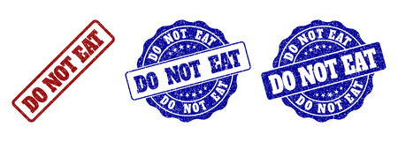 DO NOT EAT grunge stamp seals in red and blue colors. Vector DO NOT EAT marks with dirty surface. Graphic elements are rounded rectangles, rosettes, circles and text titles.のイラスト素材