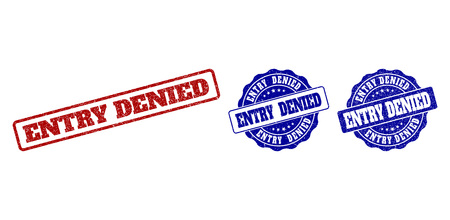 ENTRY DENIED scratched stamp seals in red and blue colors. Vector ENTRY DENIED labels with distress texture. Graphic elements are rounded rectangles, rosettes, circles and text labels.のイラスト素材