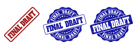 FINAL DRAFT grunge stamp seals in red and blue colors. Vector FINAL DRAFT labels with grunge surface. Graphic elements are rounded rectangles, rosettes, circles and text captions.のイラスト素材