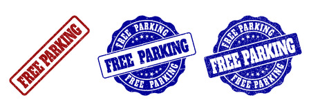 FREE PARKING scratched stamp seals in red and blue colors. Vector FREE PARKING labels with distress surface. Graphic elements are rounded rectangles, rosettes, circles and text labels.のイラスト素材