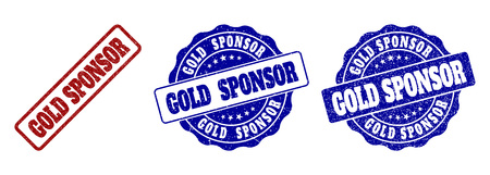 GOLD SPONSOR grunge stamp seals in red and blue colors. Vector GOLD SPONSOR marks with grunge surface. Graphic elements are rounded rectangles, rosettes, circles and text tags.のイラスト素材