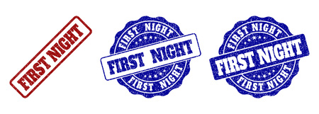 FIRST NIGHT grunge stamp seals in red and blue colors. Vector FIRST NIGHT marks with grunge style. Graphic elements are rounded rectangles, rosettes, circles and text captions.のイラスト素材